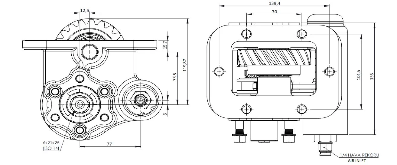 CTM 061 AC2 PTO teknik çizimi — kesit, ölçü ve montaj şeması