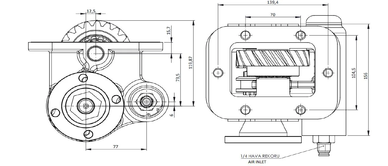 CTM 061 AD PTO teknik çizimi — kesit, ölçü ve montaj şeması