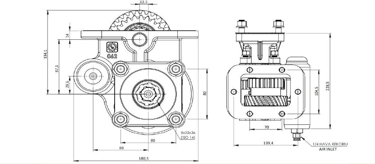 CTM 062 AC1 PTO teknik çizimi — kesit, ölçü ve montaj şeması