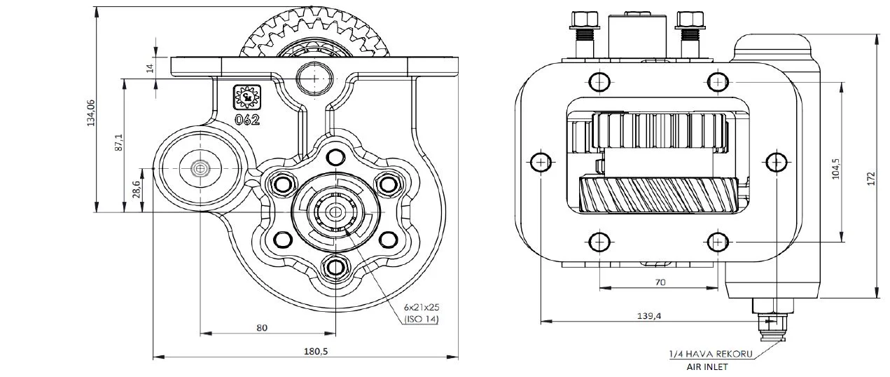 CTM 062 AC2 PTO teknik çizimi — kesit, ölçü ve montaj şeması