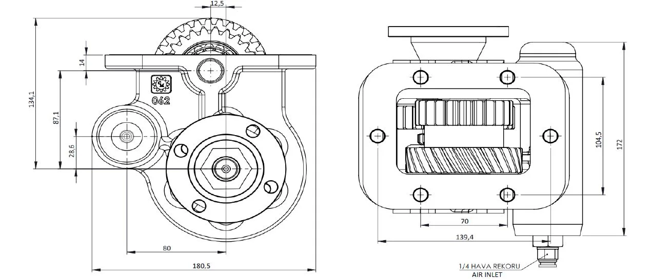 CTM 062 AD PTO teknik çizimi — kesit, ölçü ve montaj şeması