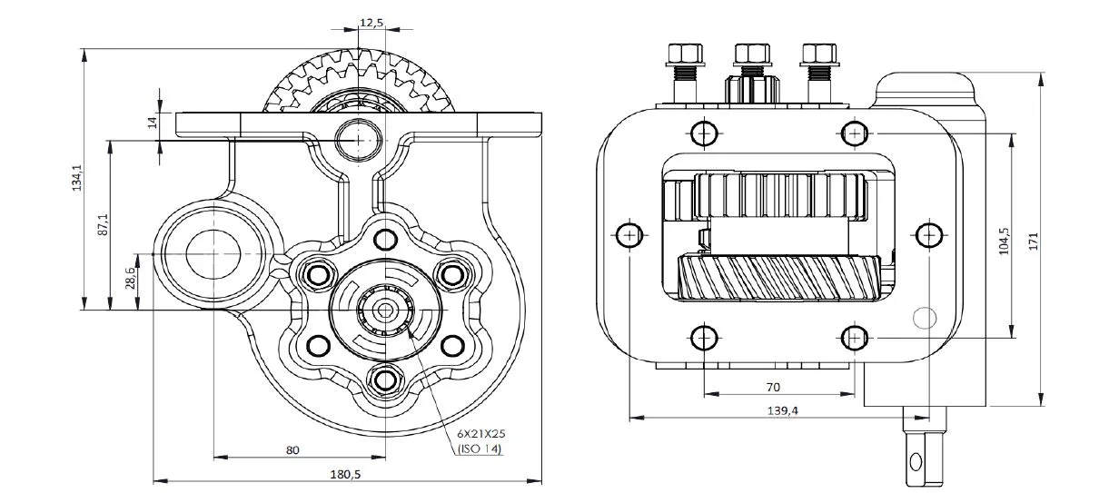 CTM 062 BE PTO teknik çizimi — kesit, ölçü ve montaj şeması