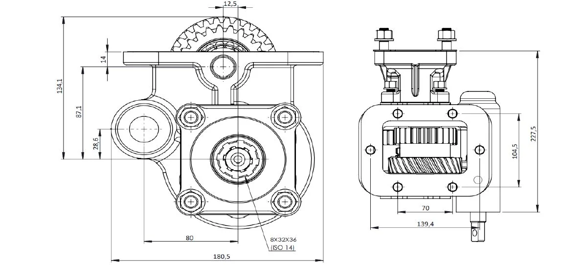 CTM 062 BC1 PTO teknik çizimi — kesit, ölçü ve montaj şeması