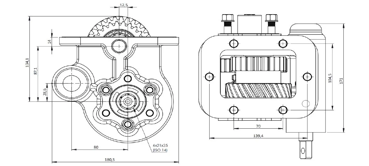CTM 062 BC2 PTO teknik çizimi — kesit, ölçü ve montaj şeması