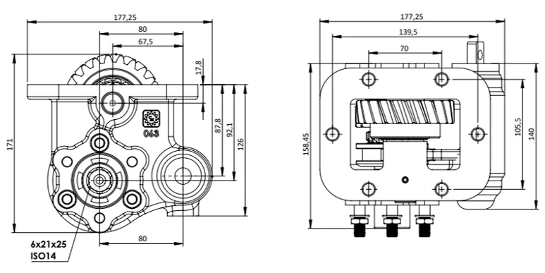 CTM 063 BC2 PTO teknik çizimi — kesit, ölçü ve montaj şeması