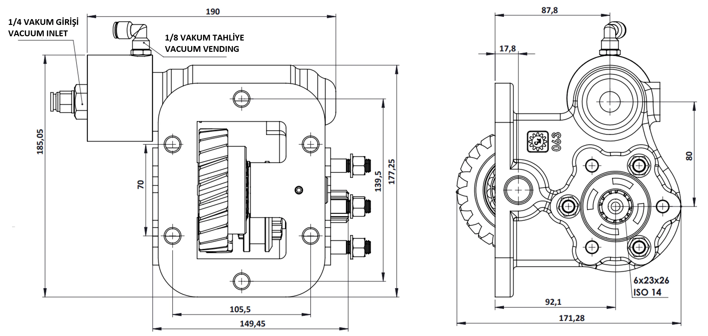CTM 063 BE KV PTO teknik çizimi — kesit, ölçü ve montaj şeması