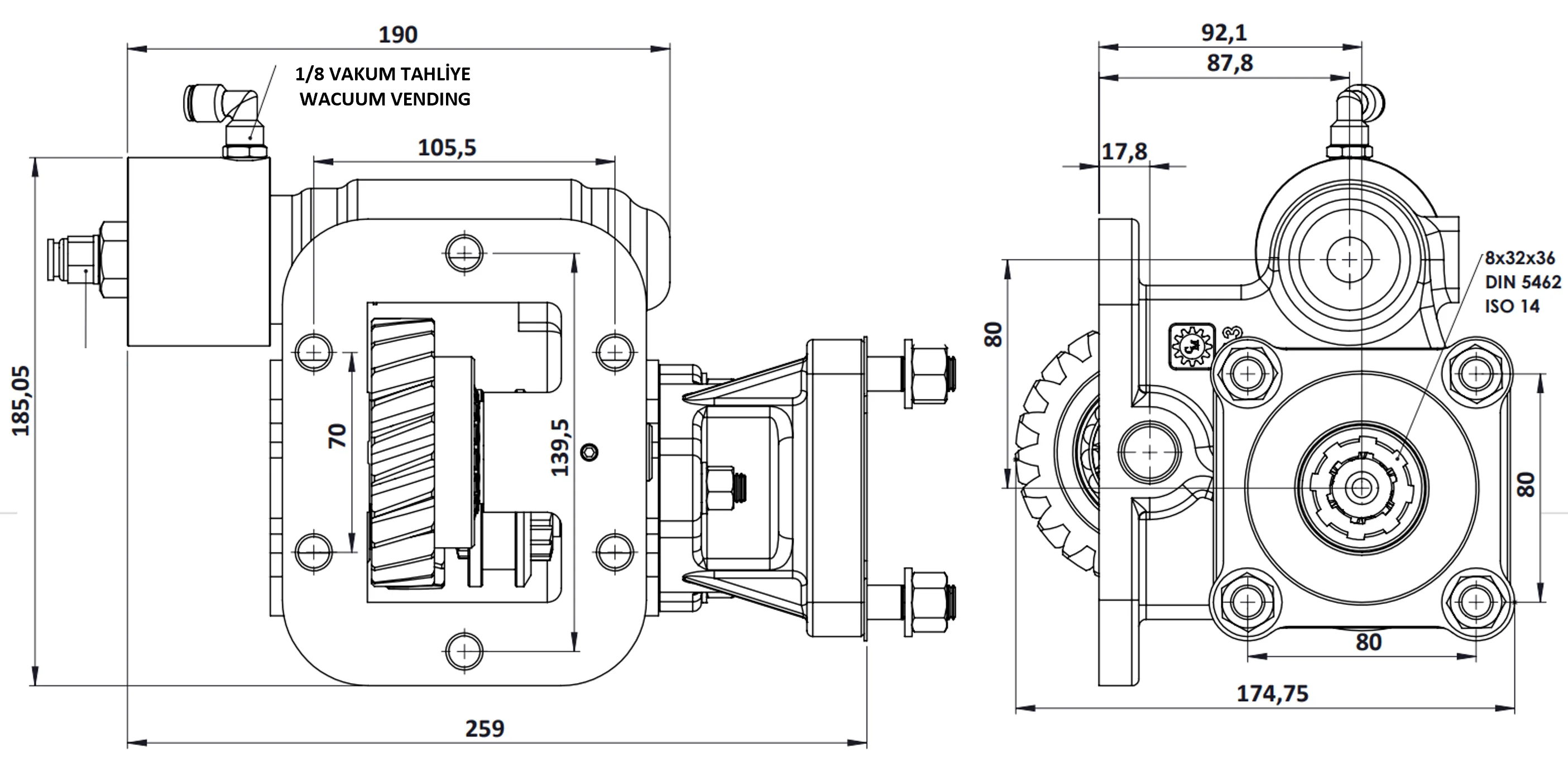 CTM 063 BC1 KV PTO teknik çizimi — kesit, ölçü ve montaj şeması