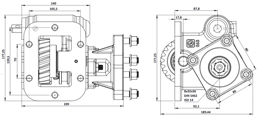 CTM 063 BC1 PTO teknik çizimi — kesit, ölçü ve montaj şeması