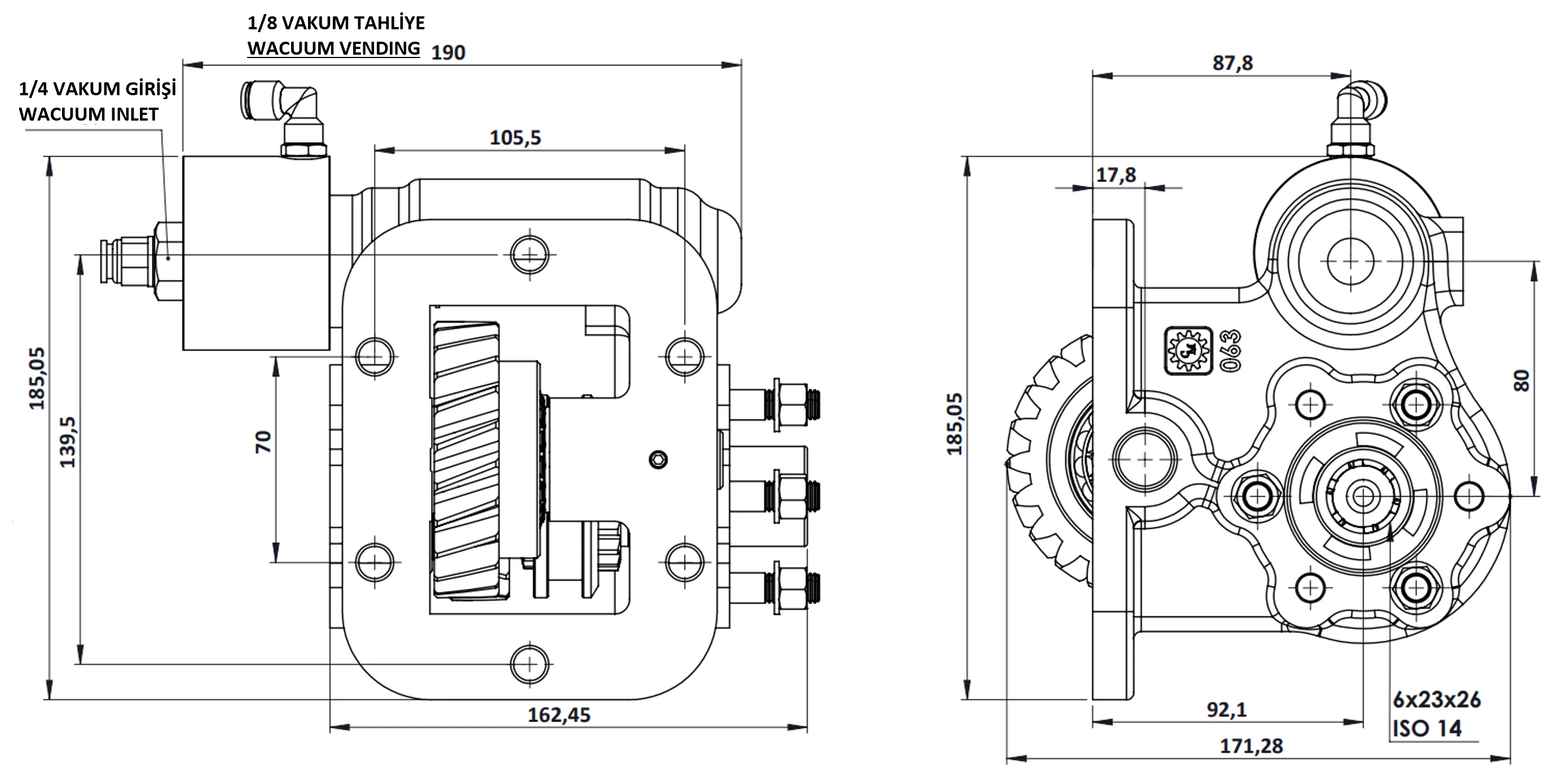 CTM 063 BC2 KV PTO teknik çizimi — kesit, ölçü ve montaj şeması