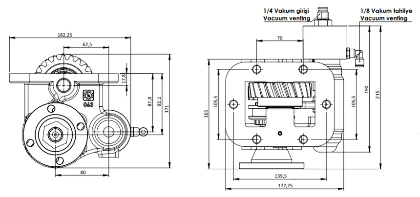 CTM 063 BD KV PTO teknik çizimi — kesit, ölçü ve montaj şeması