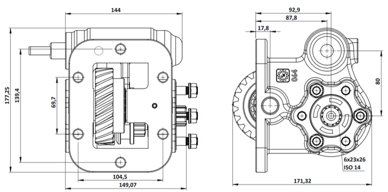CTM 064 BE PTO teknik çizimi — kesit, ölçü ve montaj şeması