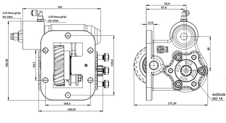 CTM 064 BE KV PTO teknik çizimi — kesit, ölçü ve montaj şeması