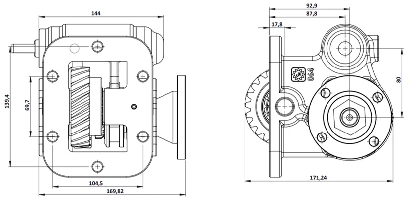 CTM 064 BD PTO teknik çizimi — kesit, ölçü ve montaj şeması