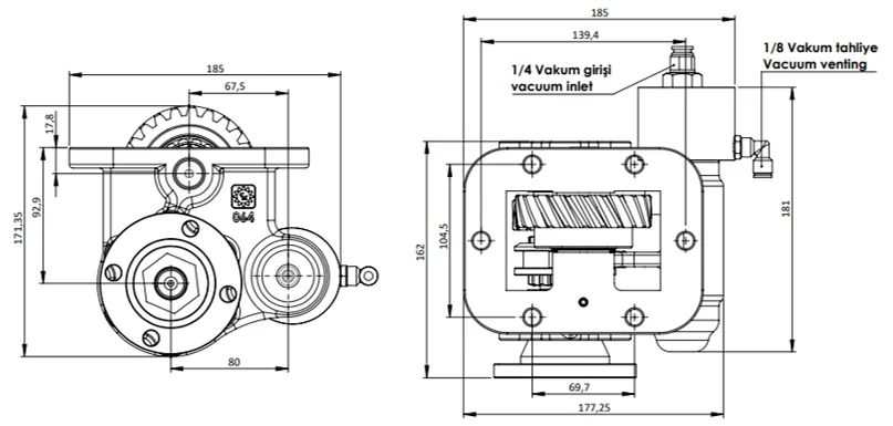 CTM 064 BD KV PTO teknik çizimi — kesit, ölçü ve montaj şeması