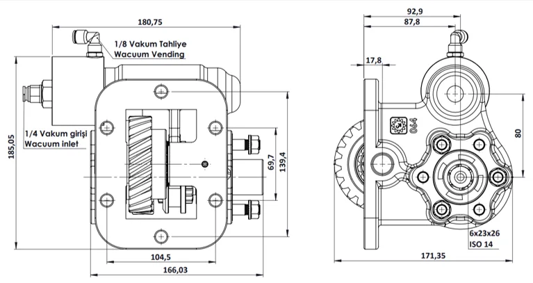 CTM 064 BC2 KV PTO teknik çizimi — kesit, ölçü ve montaj şeması