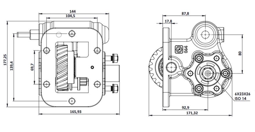 CTM 064 BC2 PTO teknik çizimi — kesit, ölçü ve montaj şeması