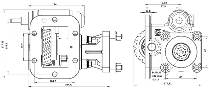 CTM 064 BC1 PTO teknik çizimi — kesit, ölçü ve montaj şeması