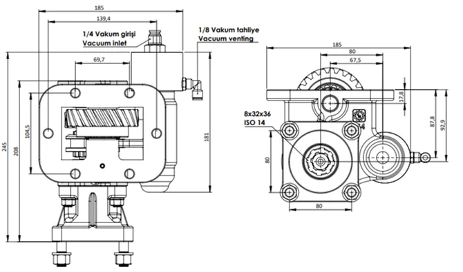 CTM 064 BC1 KV PTO teknik çizimi — kesit, ölçü ve montaj şeması