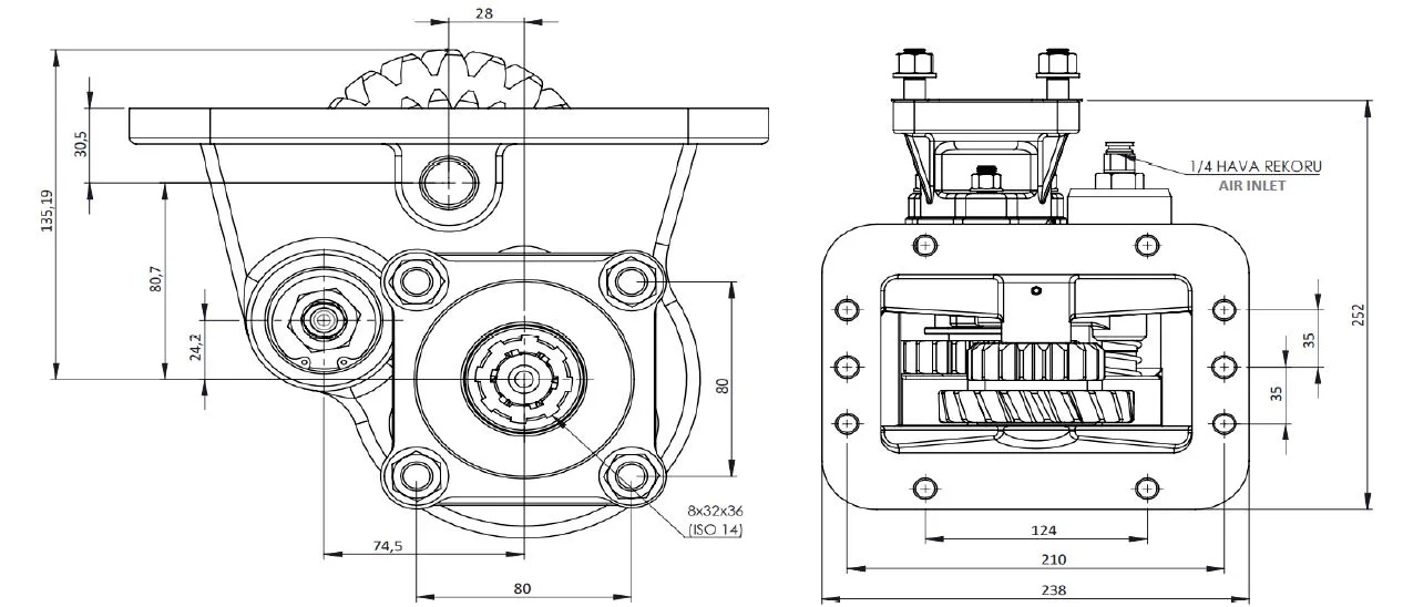 CTM 065 AC1 PTO teknik çizimi — kesit, ölçü ve montaj şeması