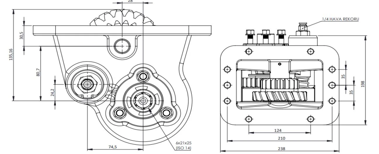 CTM 065 AC2 PTO teknik çizimi — kesit, ölçü ve montaj şeması