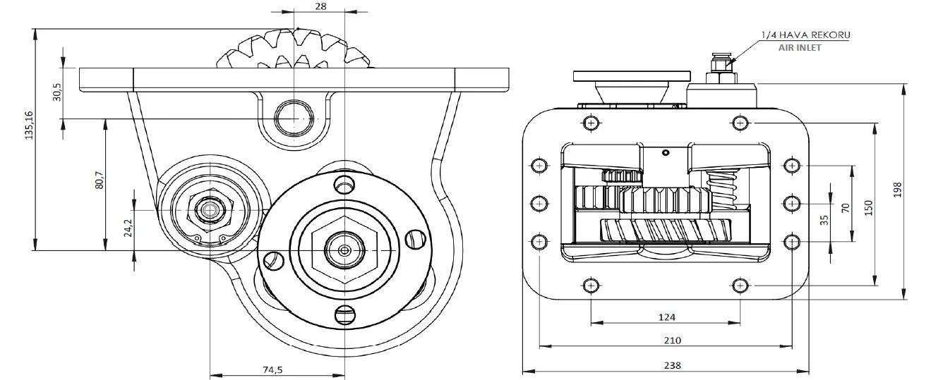 CTM 065 AD PTO teknik çizimi — kesit, ölçü ve montaj şeması