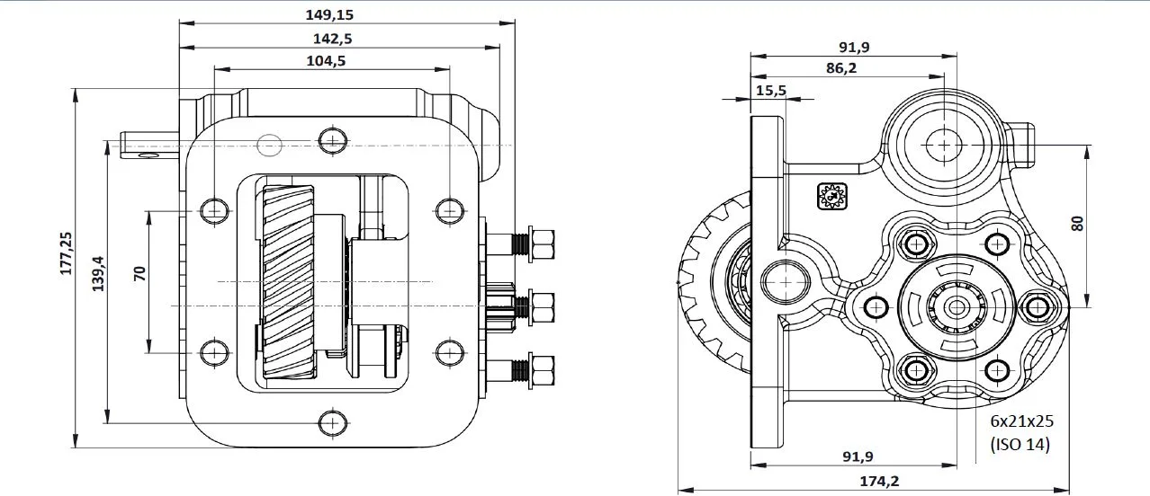 CTM 066 BE PTO teknik çizimi — kesit, ölçü ve montaj şeması