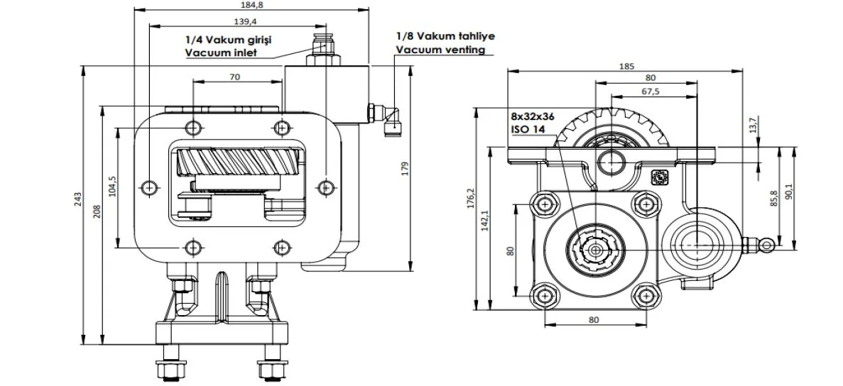 CTM 066 BC1 KV PTO teknik çizimi — kesit, ölçü ve montaj şeması