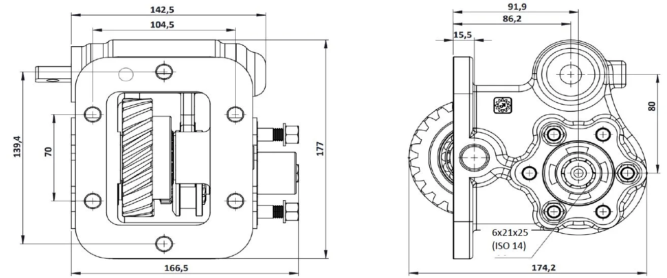 CTM 066 BC2 PTO teknik çizimi — kesit, ölçü ve montaj şeması