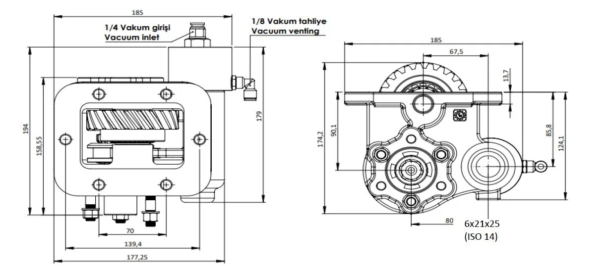 CTM 066 BC2 KV PTO teknik çizimi — kesit, ölçü ve montaj şeması