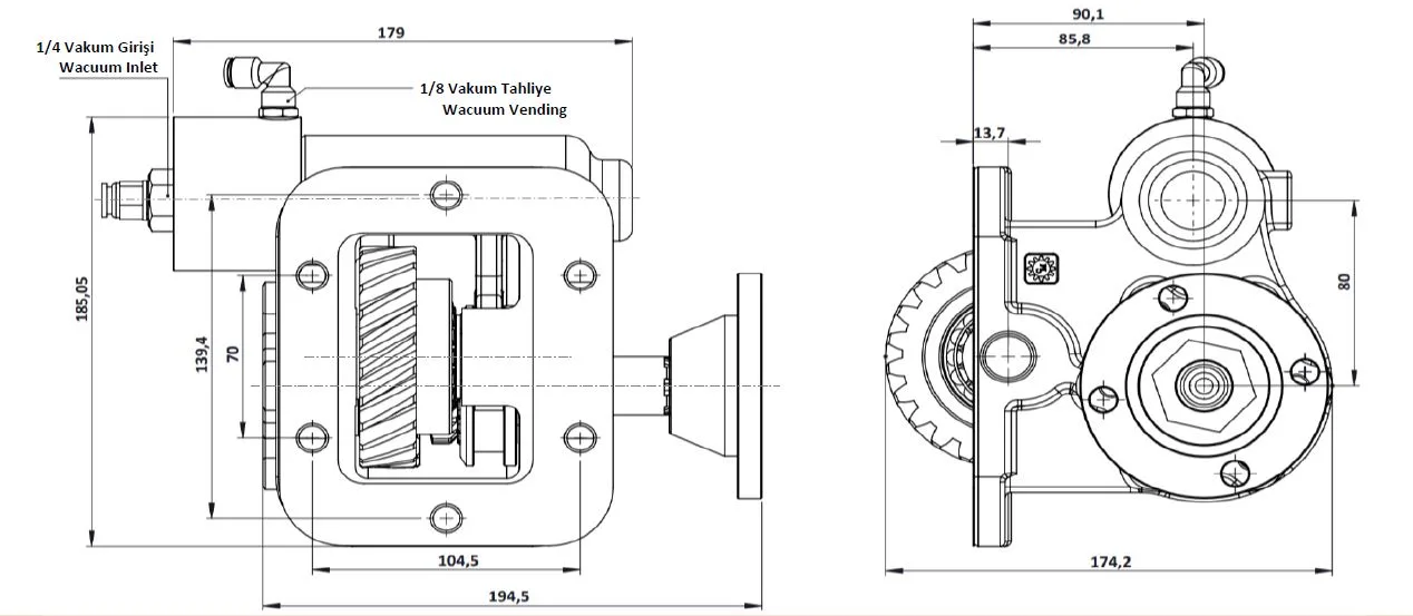 CTM 066 BD KV PTO teknik çizimi — kesit, ölçü ve montaj şeması