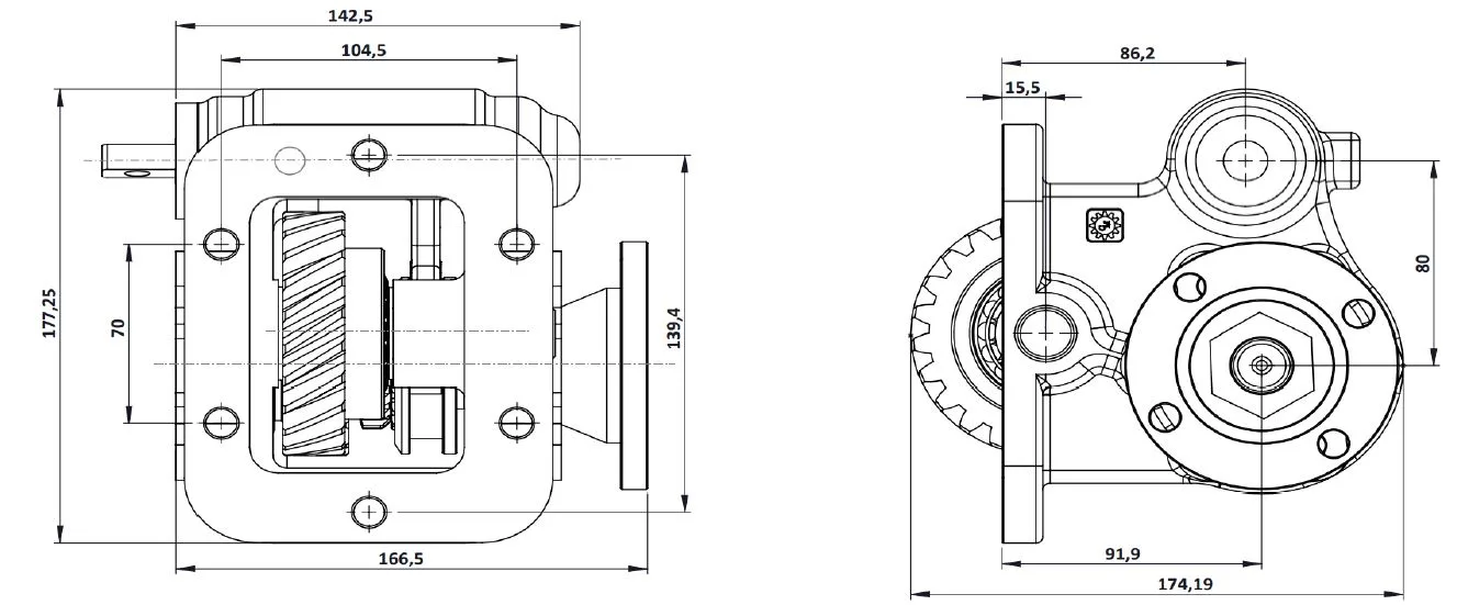 CTM 066 BD PTO teknik çizimi — kesit, ölçü ve montaj şeması