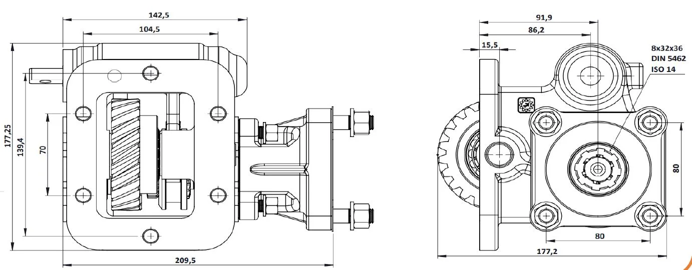 CTM 066 BC1 PTO teknik çizimi — kesit, ölçü ve montaj şeması