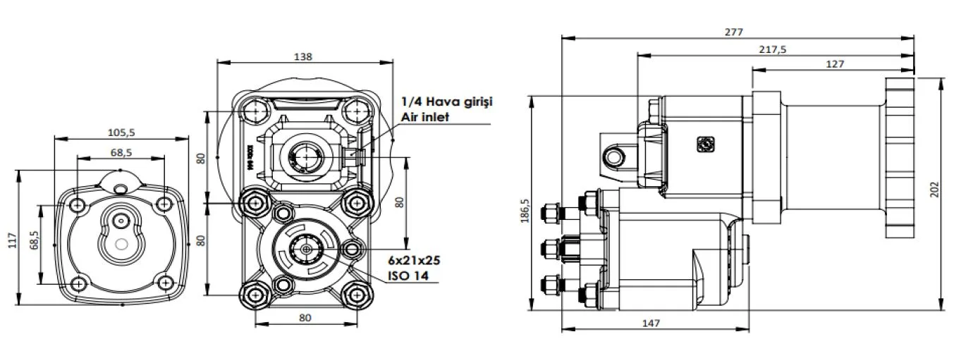 CTM 068 AE PTO teknik çizimi — kesit, ölçü ve montaj şeması
