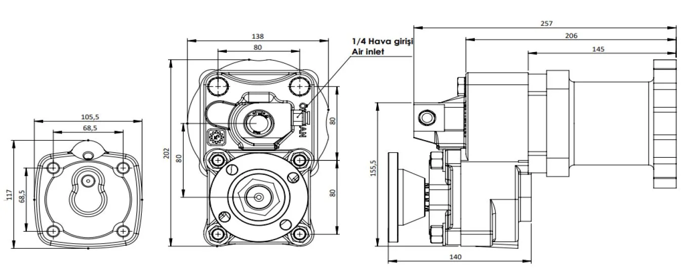 CTM 068 AD1 PTO teknik çizimi — kesit, ölçü ve montaj şeması