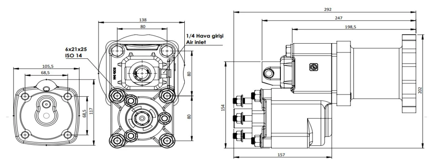 CTM 068 AC2 PTO teknik çizimi — kesit, ölçü ve montaj şeması