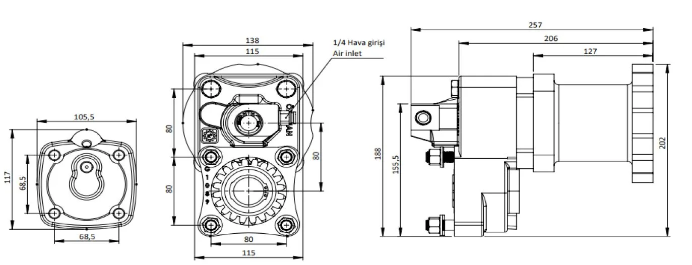 CTM 068 AC1 PTO teknik çizimi — kesit, ölçü ve montaj şeması