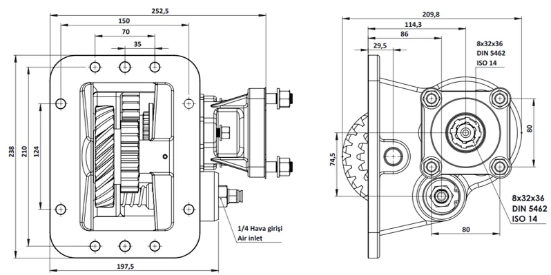 CTM 069 AC1 PTO teknik çizimi — kesit, ölçü ve montaj şeması