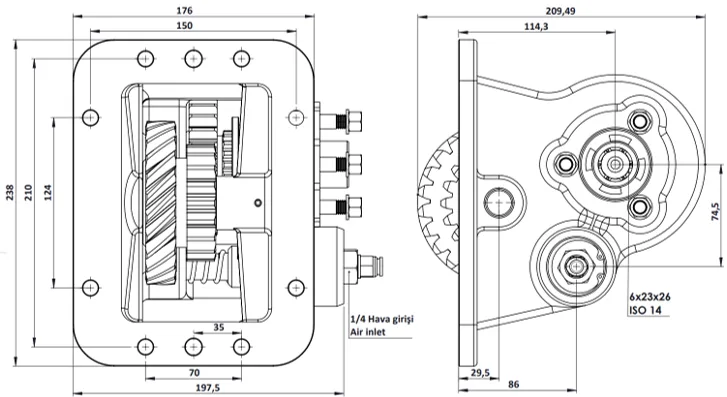 CTM 069 AC2 PTO teknik çizimi — kesit, ölçü ve montaj şeması