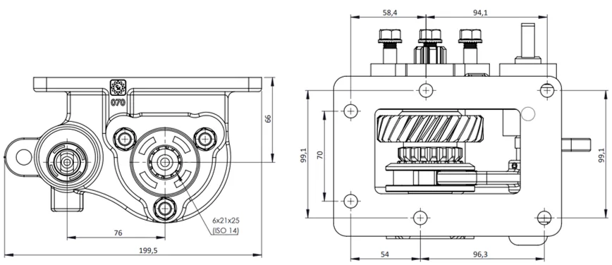 CTM 070 BE PTO teknik çizimi — kesit, ölçü ve montaj şeması