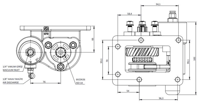 CTM 070 BE KV PTO teknik çizimi — kesit, ölçü ve montaj şeması