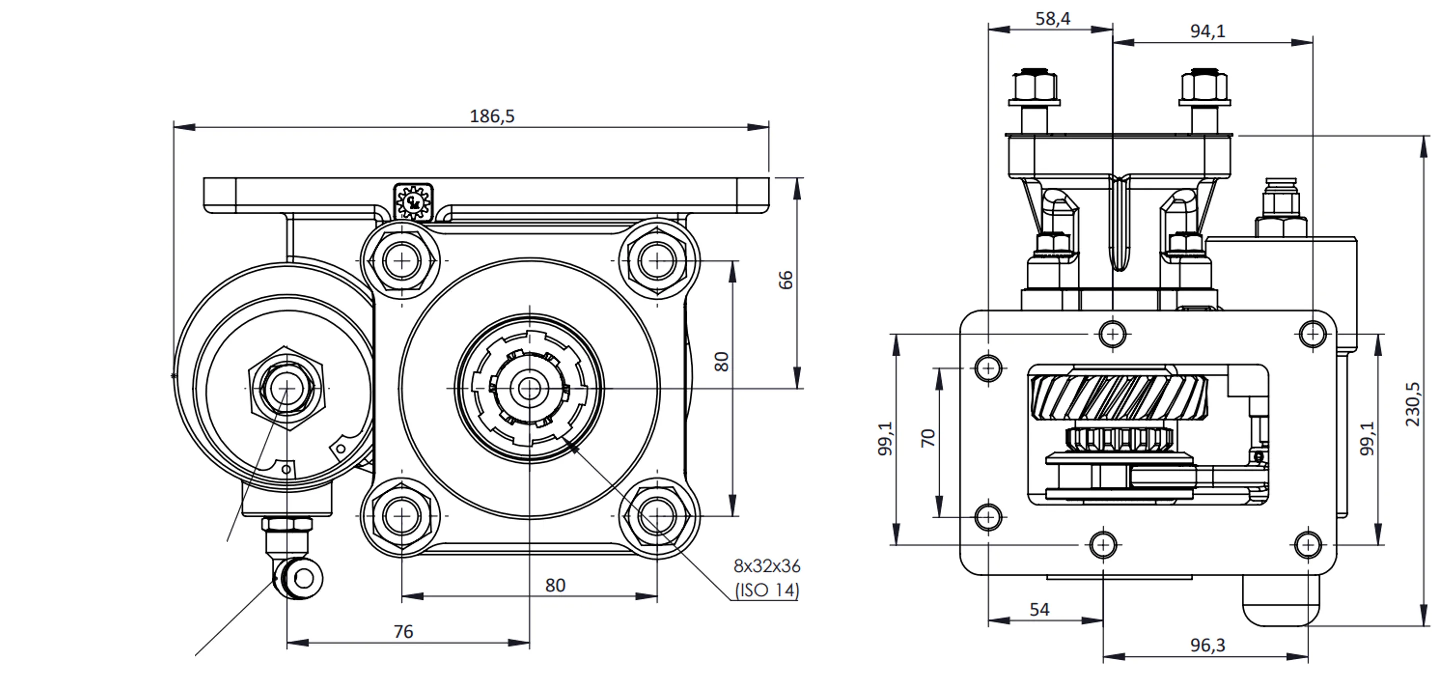CTM 070 BC1 KV PTO teknik çizimi — kesit, ölçü ve montaj şeması
