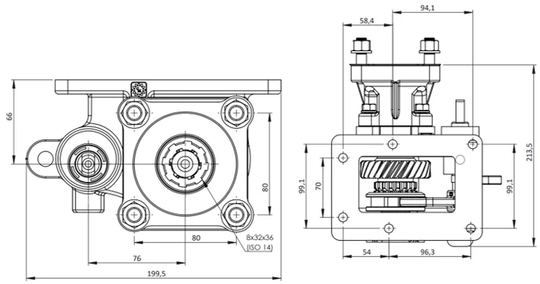 CTM 070 BC1 PTO teknik çizimi — kesit, ölçü ve montaj şeması