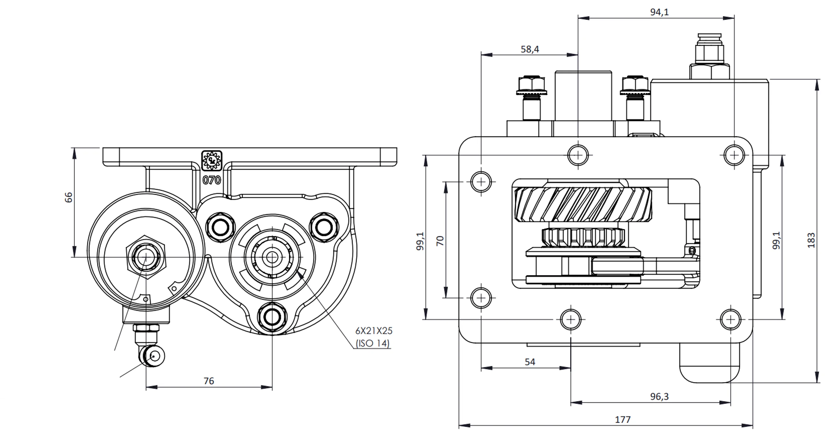 CTM 070 BC2 KV PTO teknik çizimi — kesit, ölçü ve montaj şeması