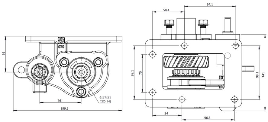 CTM 070 BC2 PTO teknik çizimi — kesit, ölçü ve montaj şeması