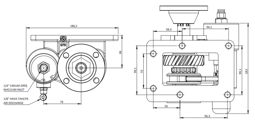 CTM 070 BD KV PTO teknik çizimi — kesit, ölçü ve montaj şeması