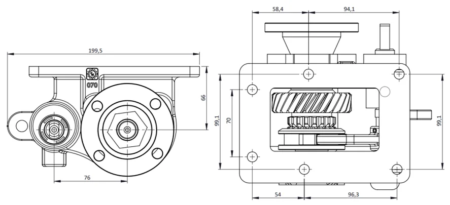 CTM 070 BD PTO teknik çizimi — kesit, ölçü ve montaj şeması