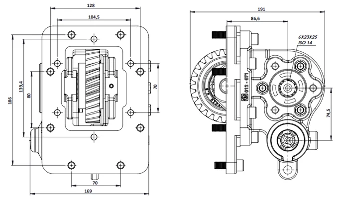 CTM 071 BE PTO teknik çizimi — kesit, ölçü ve montaj şeması