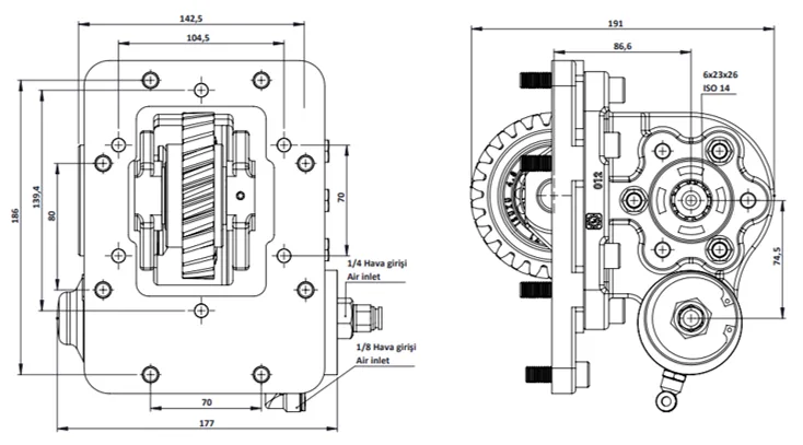CTM 071 BE KV PTO teknik çizimi — kesit, ölçü ve montaj şeması