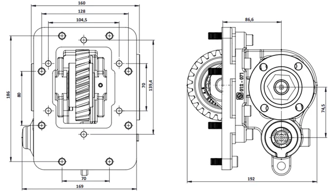 CTM 071 BD PTO teknik çizimi — kesit, ölçü ve montaj şeması