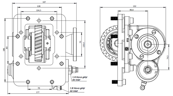 CTM 071 BD KV PTO teknik çizimi — kesit, ölçü ve montaj şeması